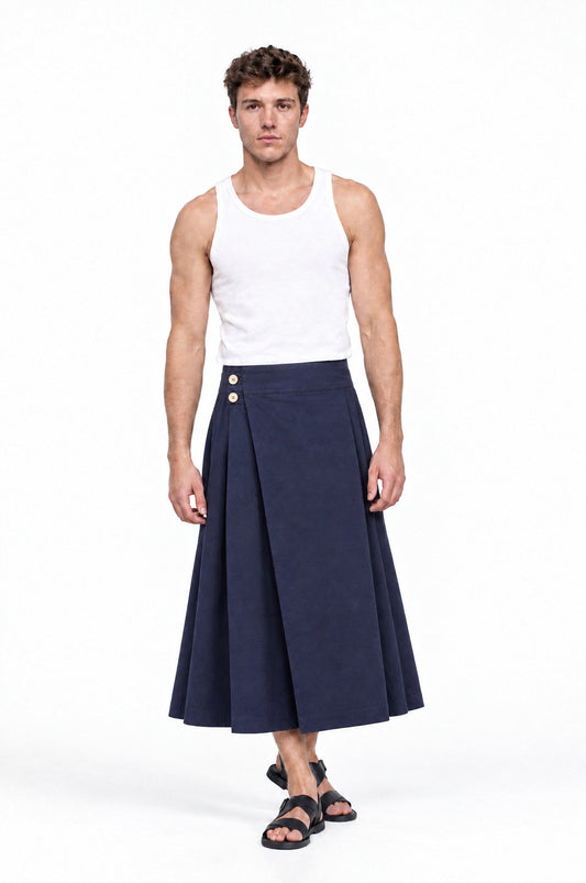 Jupe pour homme BARKER LARGA BLEU MARINE, vue de face portée par le mannequin