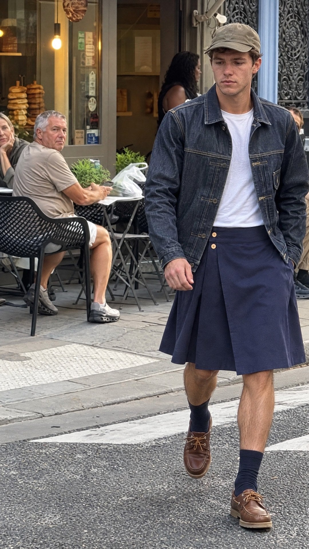 Falda Barker Azul Marino de DAVES, look en la calle