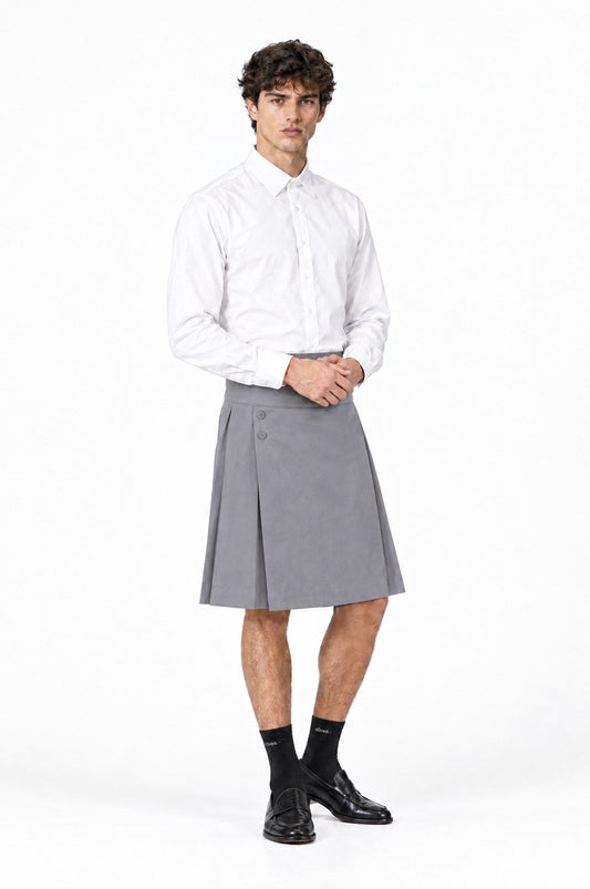 Falda BARKER GRIS de hombre combinada con camisa blanca
