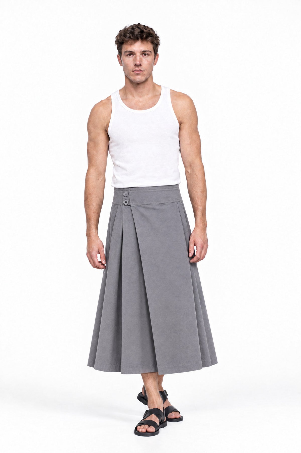 Jupe pour homme BARKER LARGA GRIS, vue de face portée par le mannequin