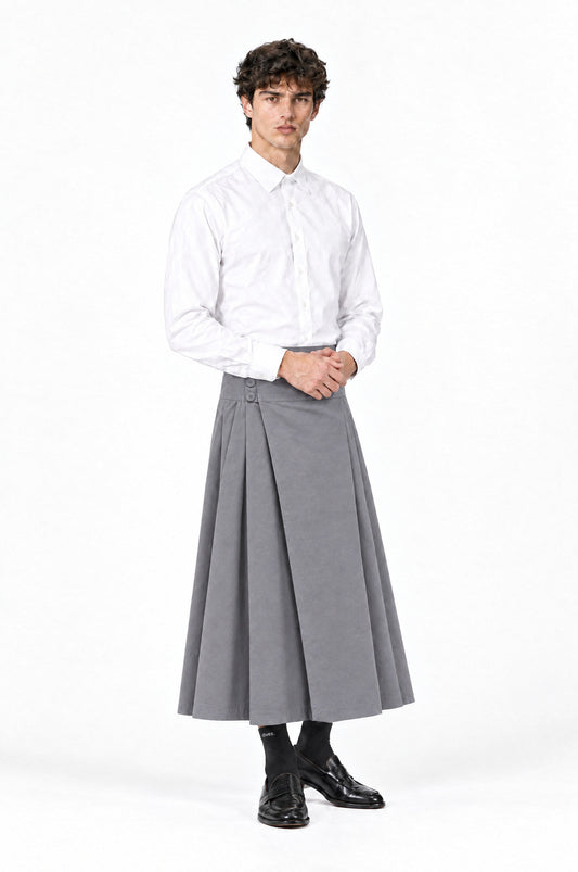 Jupe pour homme BARKER LARGA GRIS associée à une chemise blanche