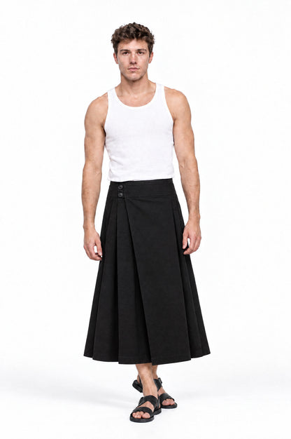 Falda BARKER LARGA NEGRO de hombre, vista frontal sobre modelo