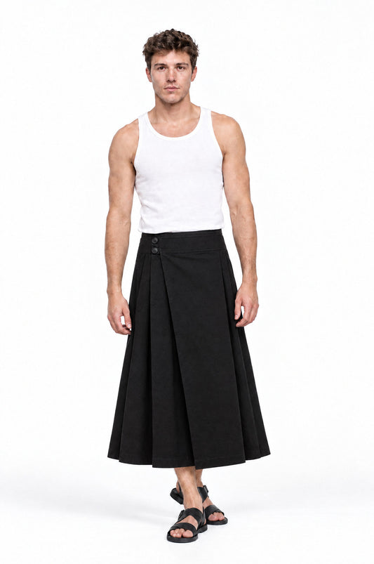 Jupe pour homme BARKER LARGA NOIR, vue de face portée par le mannequin