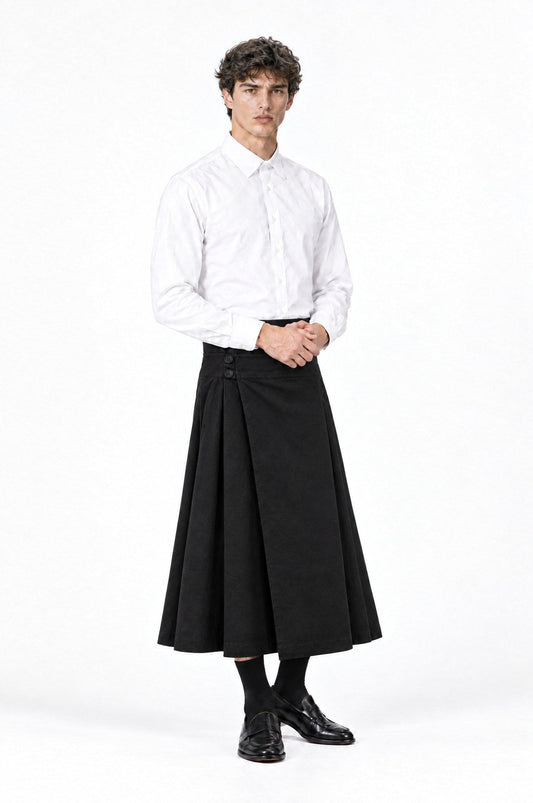Falda BARKER LARGA NEGRO de hombre combinada con camisa blanca