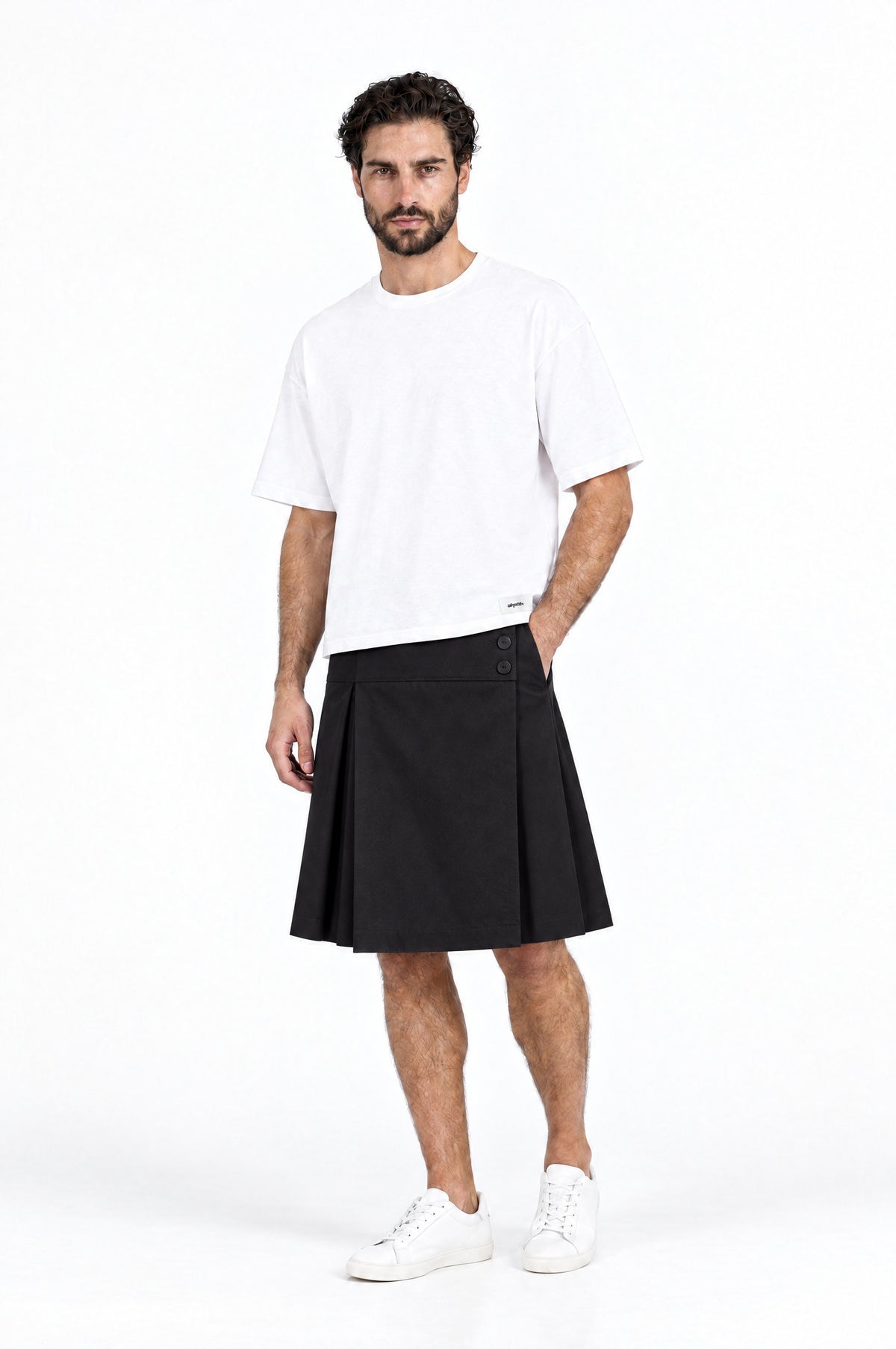 Jupe pour homme BARKER NOIR associée à un T-shirt blanc DAVES
