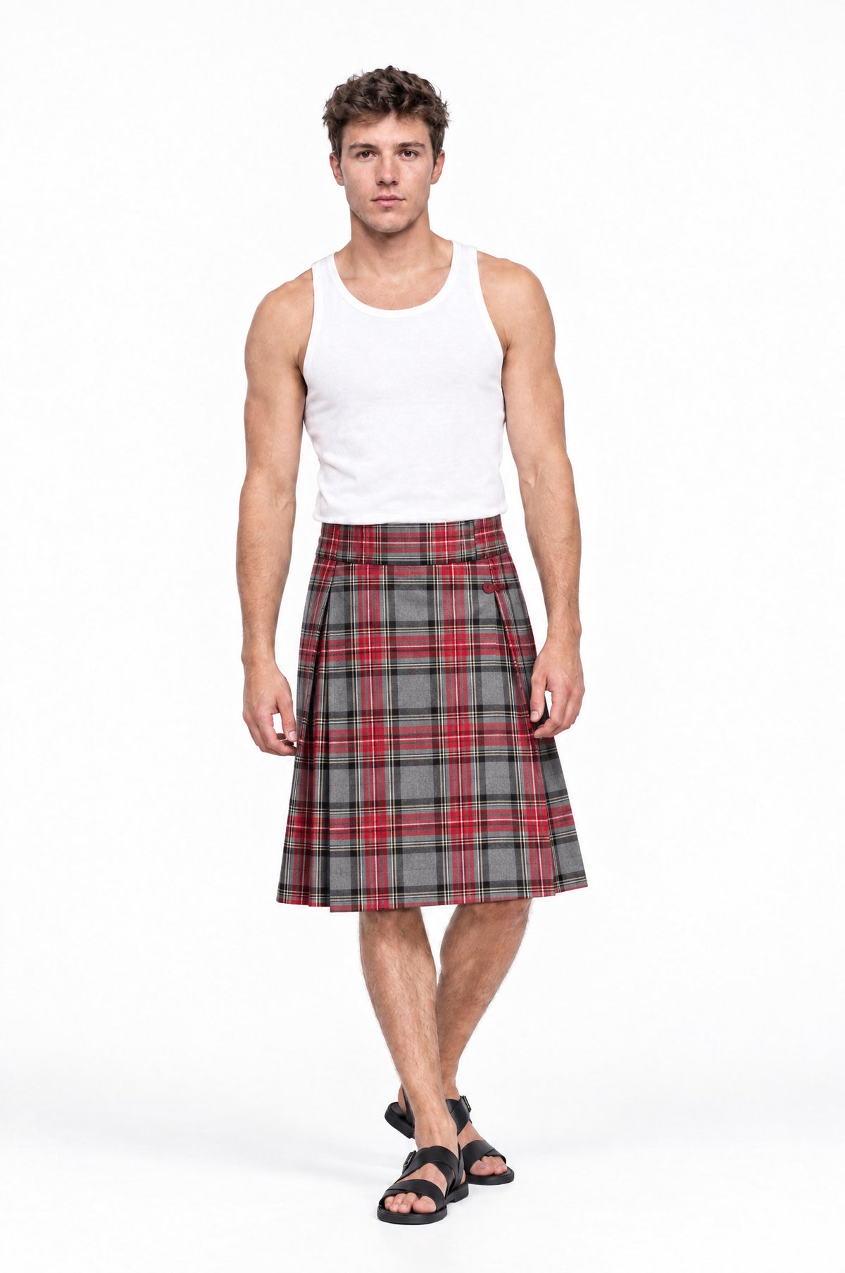 Jupe pour homme BARKER TARTAN ROUGE, vue de face portée par le mannequin