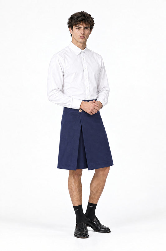 Falda HAWKINS AZUL MARINO de hombre combinada con camisa blanca